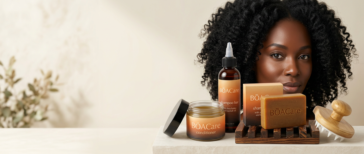 Full-bleed landscape: BŌACare bar and light-orange carton on warm stone on the RIGHT, with baobab botanical detail. Keep the LEFT half calm and darker for white overlaid text. Desktop 2400 × 1200; mobile 1000 × 1400 with subject above or to the right of the text.