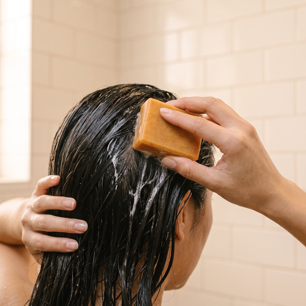 4:3 close-up of adult hands lathering the actual bar on wet hair. Show product contact; avoid face obscuring the action.