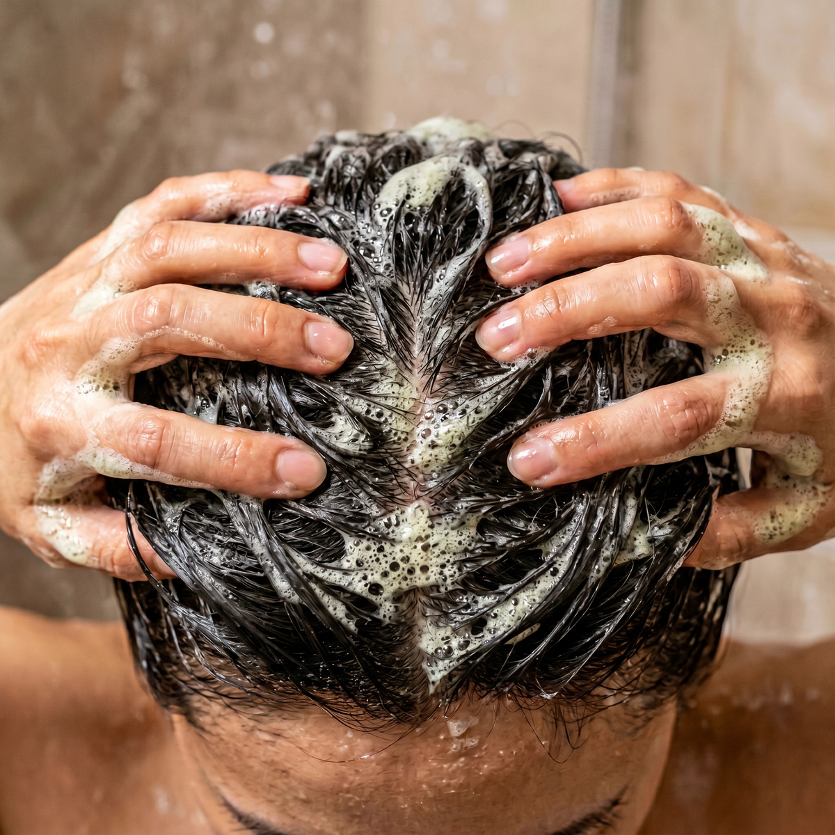 4:3 fingertips gently massaging lather into the scalp. No nails scraping and no medical diagrams.
