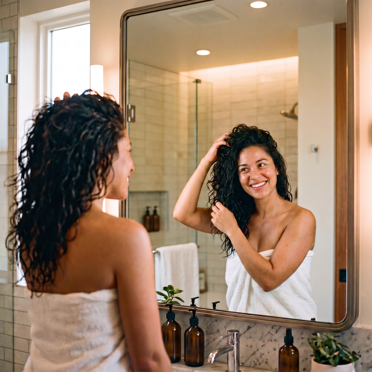 4:3 naturally lit dry-hair portrait showing roots and hair body. Use a real product user; no retouching of density.