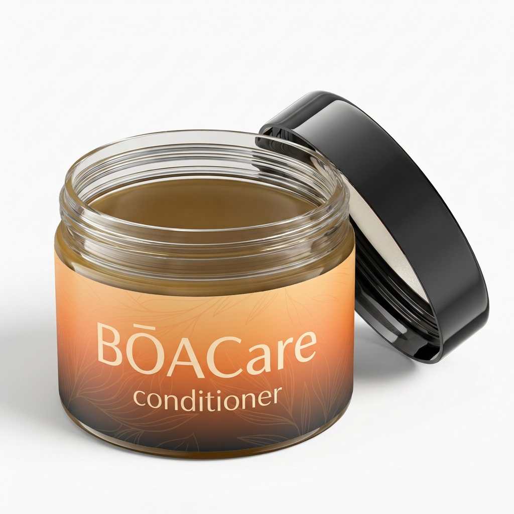 1:1 actual conditioner product beside a towel; leave label readable, match the warm palette.