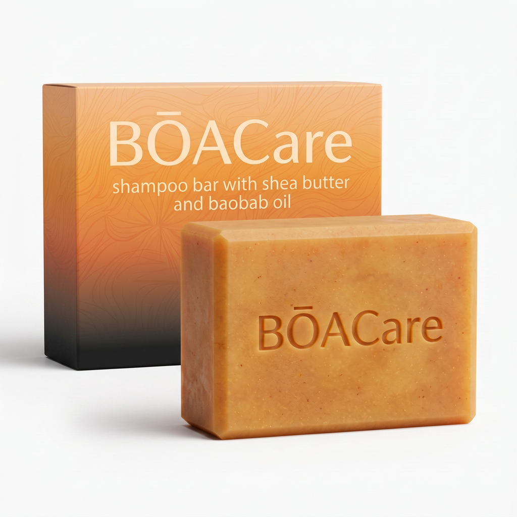 1:1 still life: scalp bar beside its light-orange BŌACare box; ivory stone, natural side light.